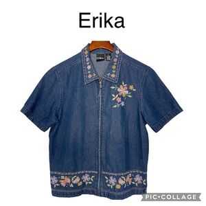 Vintage 90’s embroidered western denim full zip short sleeve shirt size S